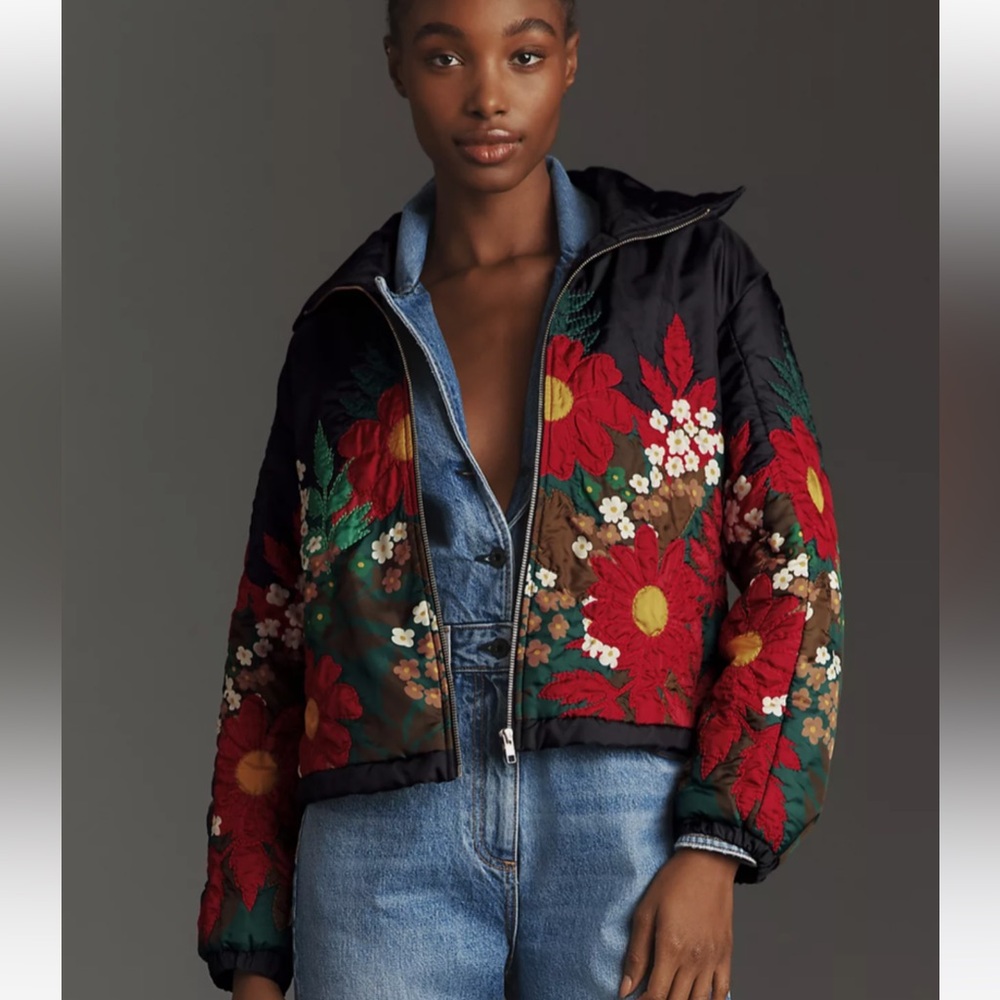 Anthropologie Floral Embroidered Bomber Jacket size Medium